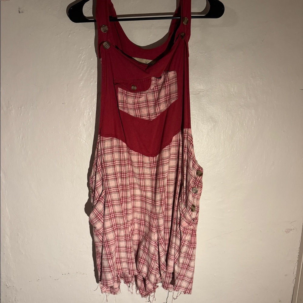 Y2K vintage red plaid overalls